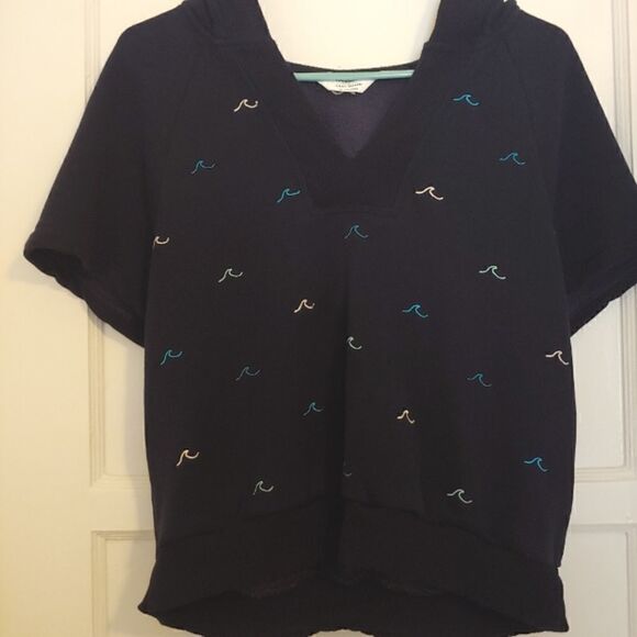Splendid X Gray Malin Short Sleeve Wave Embroidered Active Hoodie Navy Size XS - Picture 1 of 7